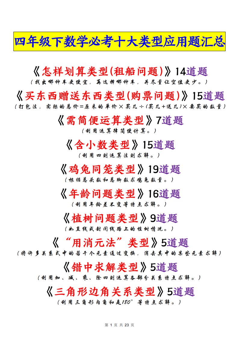 四年级(下)数学 必考十大类型应用题汇总-小初高学习资料下载_真题试卷 - 开学吧资料库