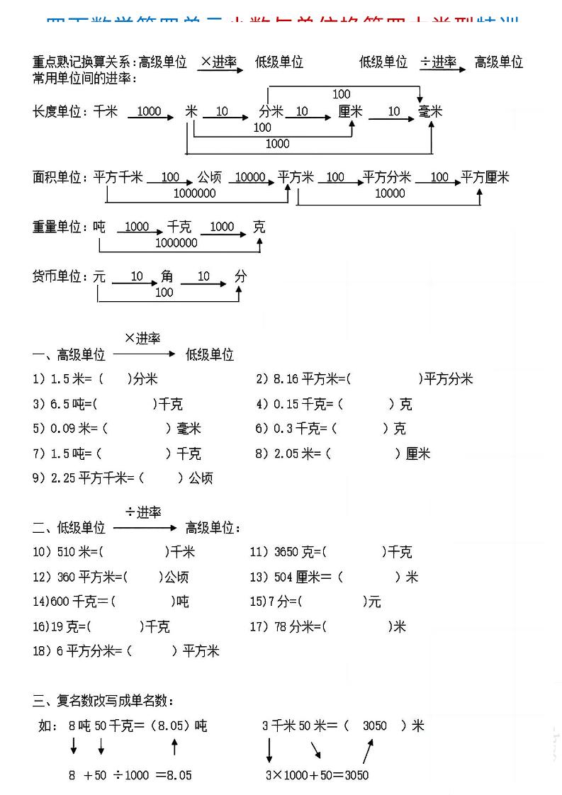 四下《数学小数与单位换算四大类型特训》4页-小初高学习资料下载_真题试卷 - 开学吧资料库