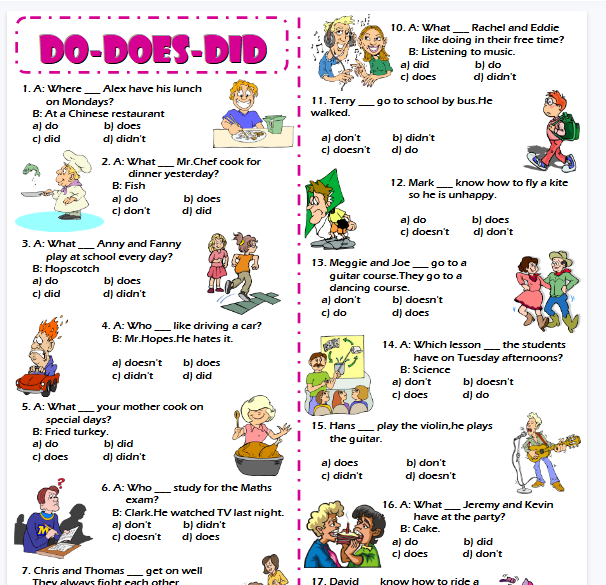 【2页高清彩色版】Auxiliary Verbs Worksheet Do Does Did【完整可直接打印】语法作业纸63套-开学吧