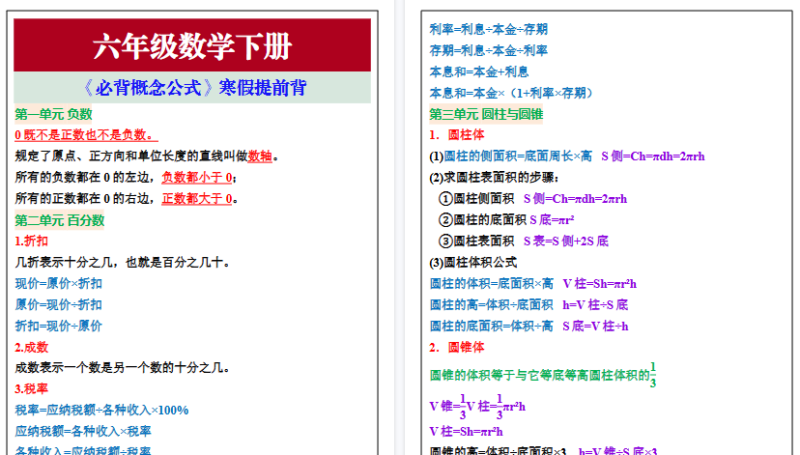 【2026寒假3页】六年级数学下册《必背概念公式》寒假提前背-小初高学习资料下载_真题试卷 - 开学吧资料库