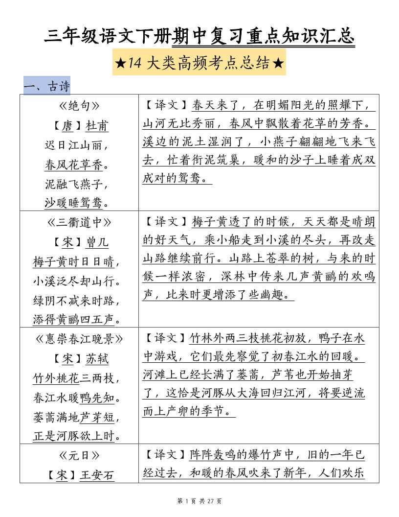 三下语文期中复习重点知识汇总-14大高频考点-小初高学习资料下载_真题试卷 - 开学吧资料库