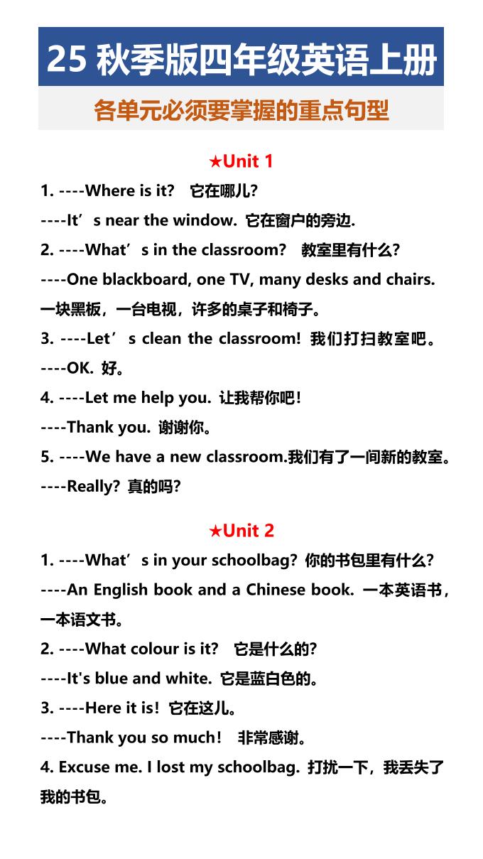 【2025秋新版】四年级英语上册各单元必须要掌握的重点句型-小初高学习资料下载_真题试卷 - 开学吧资料库