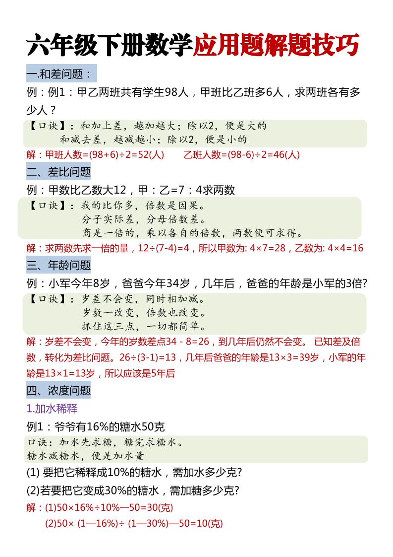 六年级下数学经典应用题解题技巧-小初高学习资料下载_真题试卷 - 开学吧资料库