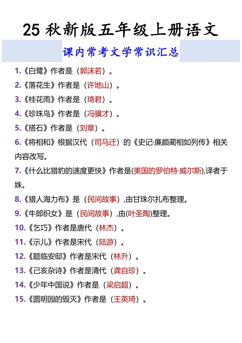 【2025秋新版】五年级上册语文课内常考文学常识汇总-小初高学习资料下载_真题试卷 - 开学吧资料库