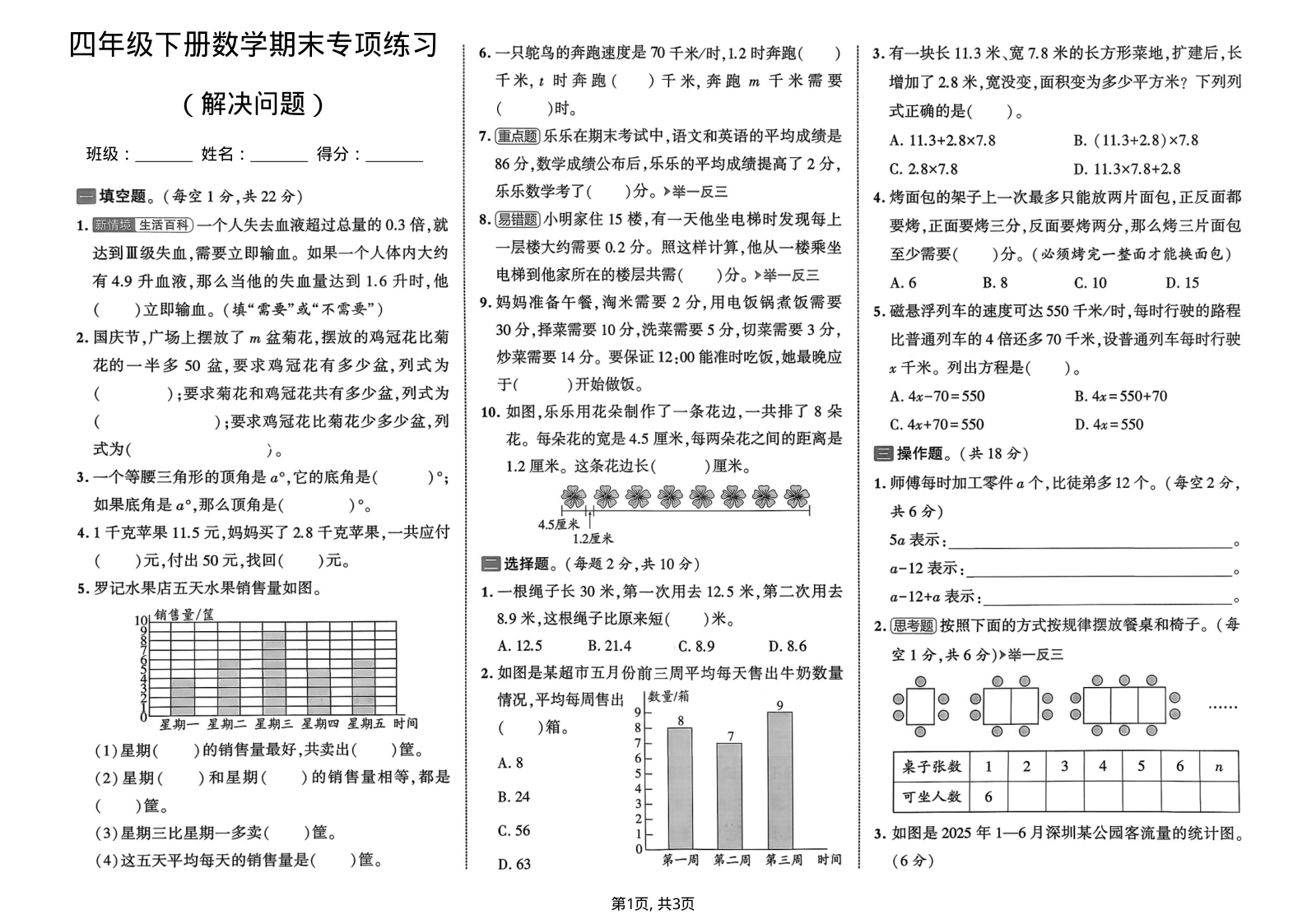 四年级（下）数学期末解决问题专项练习-小初高学习资料下载_真题试卷 - 开学吧资料库