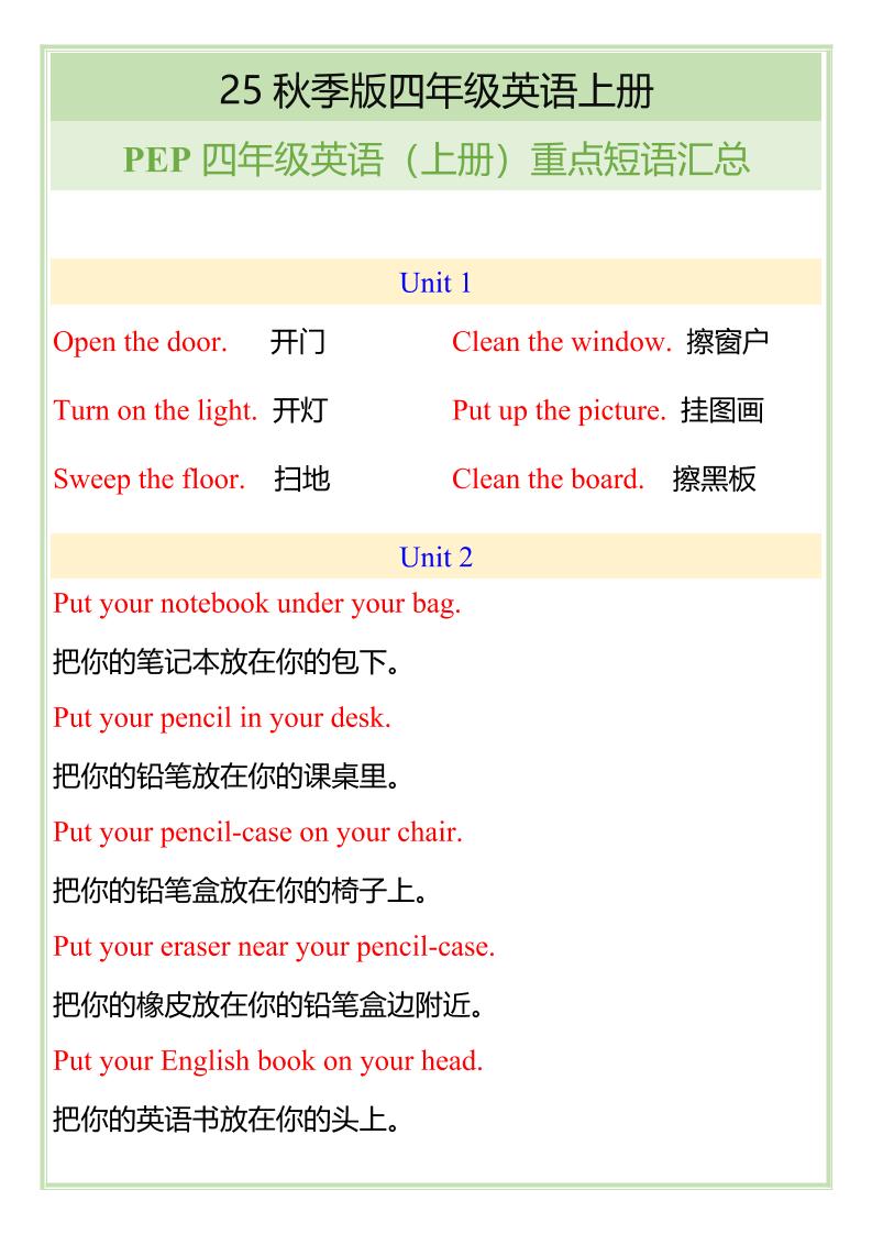 【2025秋新版】四年级英语上册重点短语汇总-小初高学习资料下载_真题试卷 - 开学吧资料库