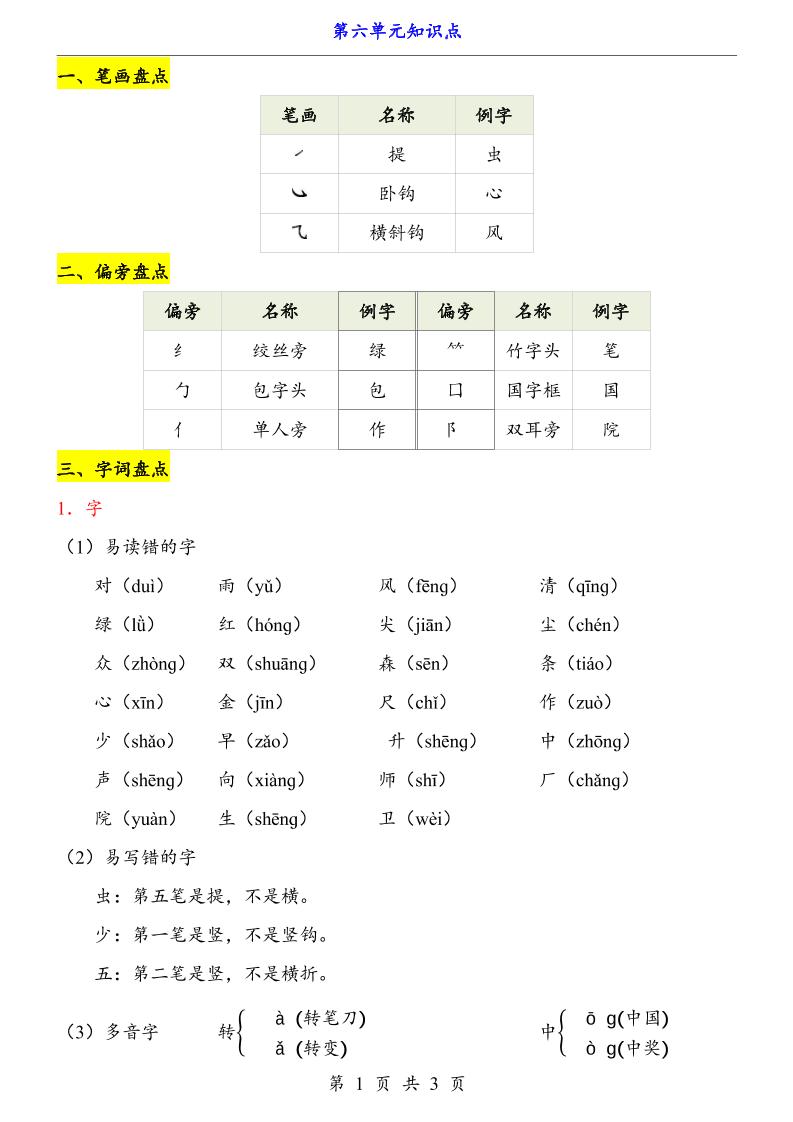 第6单元（知识点）一上语文-小初高学习资料下载_真题试卷 - 开学吧资料库