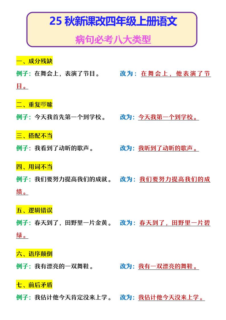 【2025秋新版】四年级上册语文病句必考八大类型-小初高学习资料下载_真题试卷 - 开学吧资料库