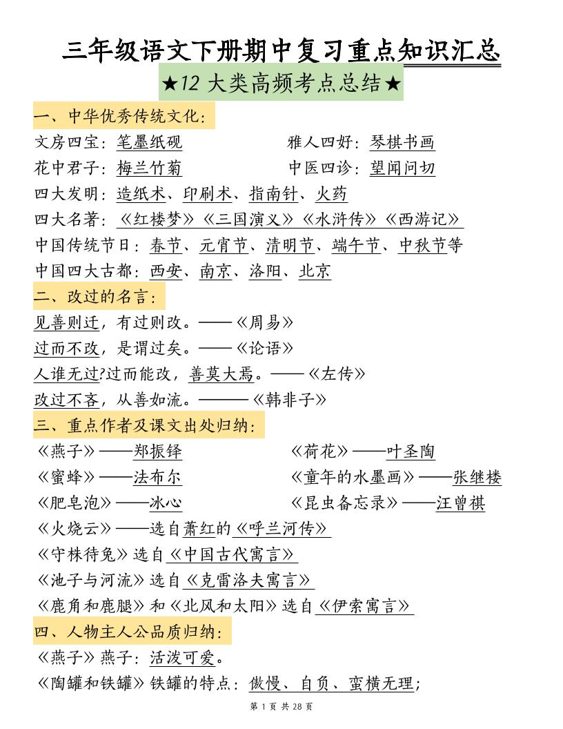 三下语文期中复习重点知识汇总-12大高频考点-小初高学习资料下载_真题试卷 - 开学吧资料库