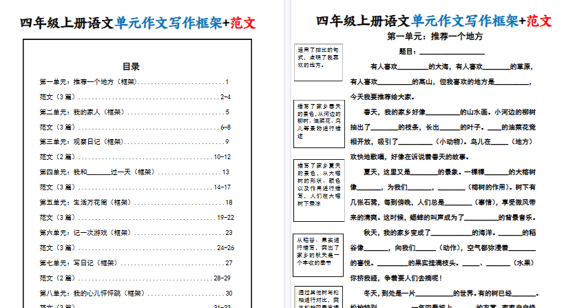 【34页高清完整版】四上语文1-8单元作文写作框架+范文-小初高学习资料下载_真题试卷 - 开学吧资料库