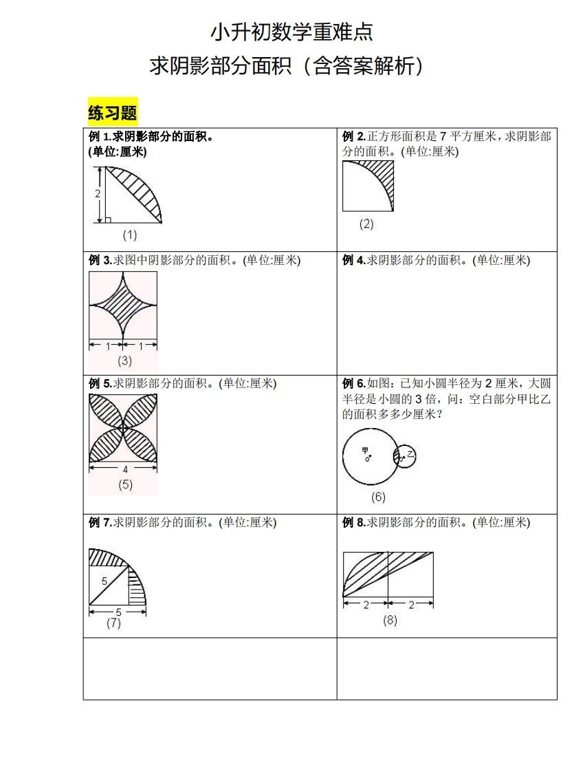 小升初数学重难点求阴影部分面积（含答案解析）-小初高学习资料下载_真题试卷 - 开学吧资料库