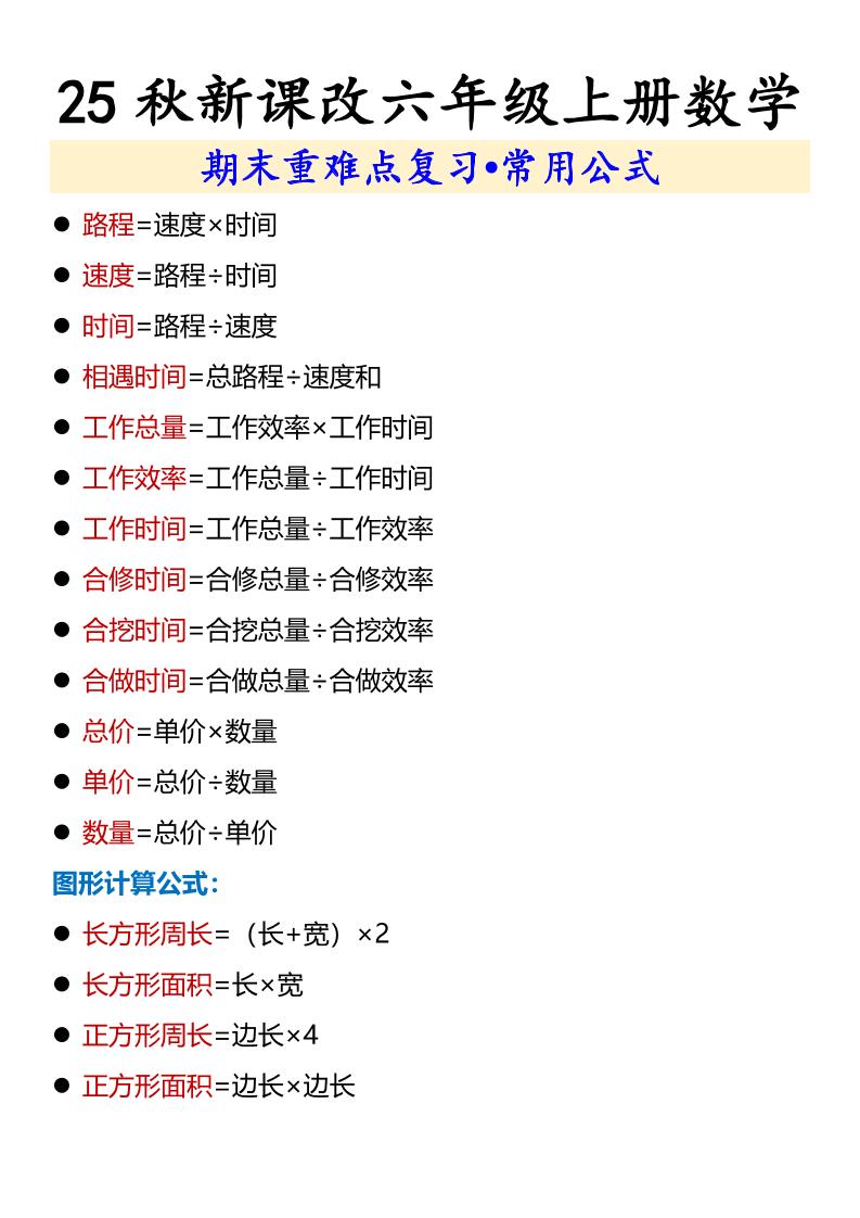 【2025秋新版】六年级上册数学期末重难点复习•常用公式-小初高学习资料下载_真题试卷 - 开学吧资料库