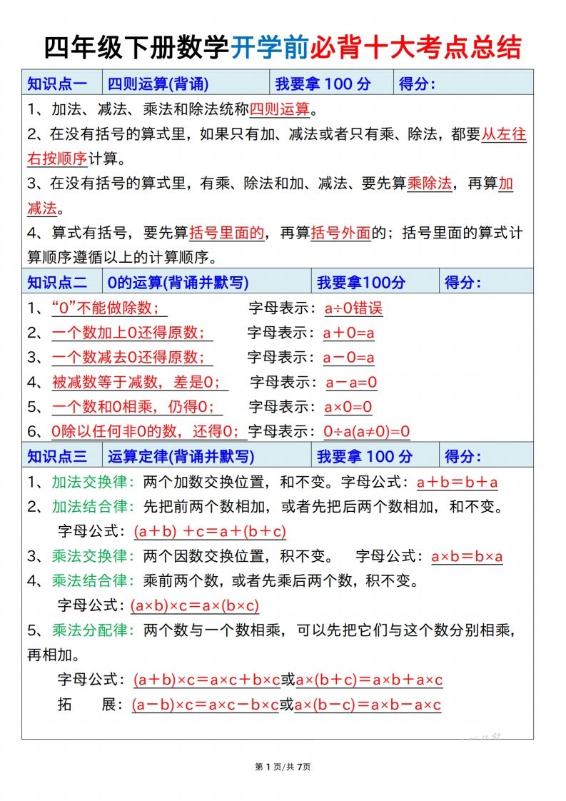 四下数学必背十大考点总结7页-小初高学习资料下载_真题试卷 - 开学吧资料库