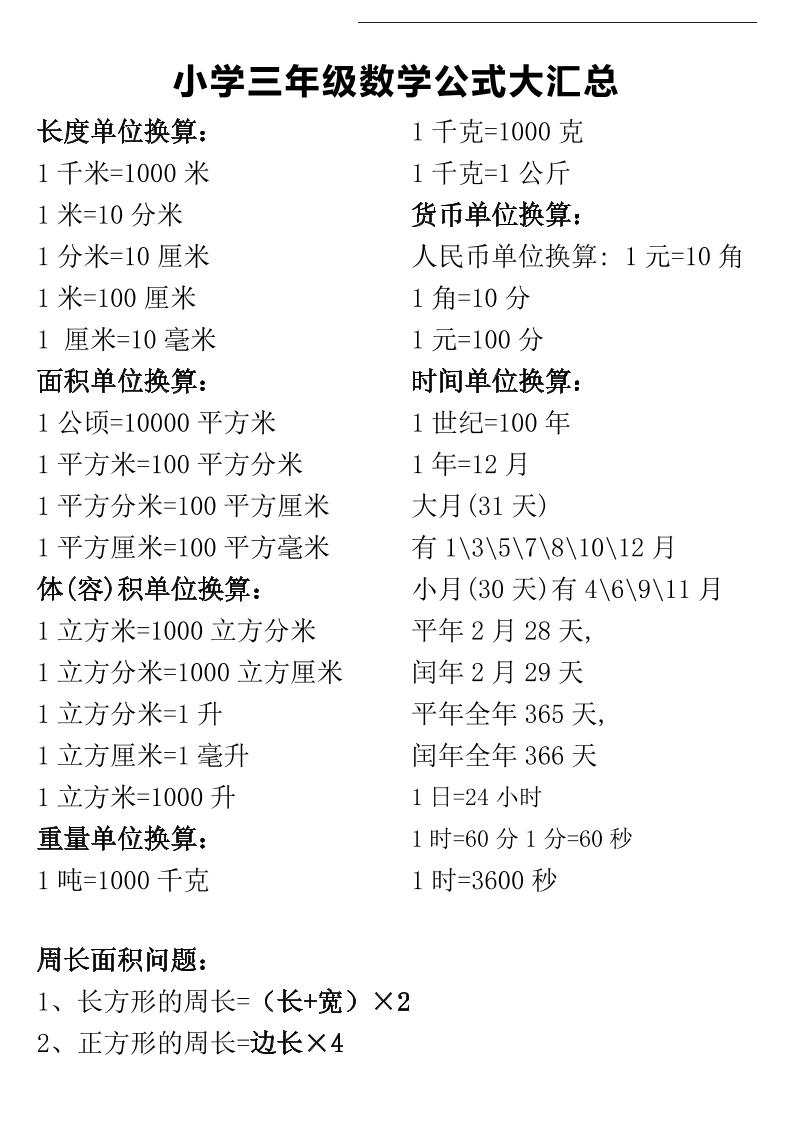 三年级下册数学公式大汇总-小初高学习资料下载_真题试卷 - 开学吧资料库