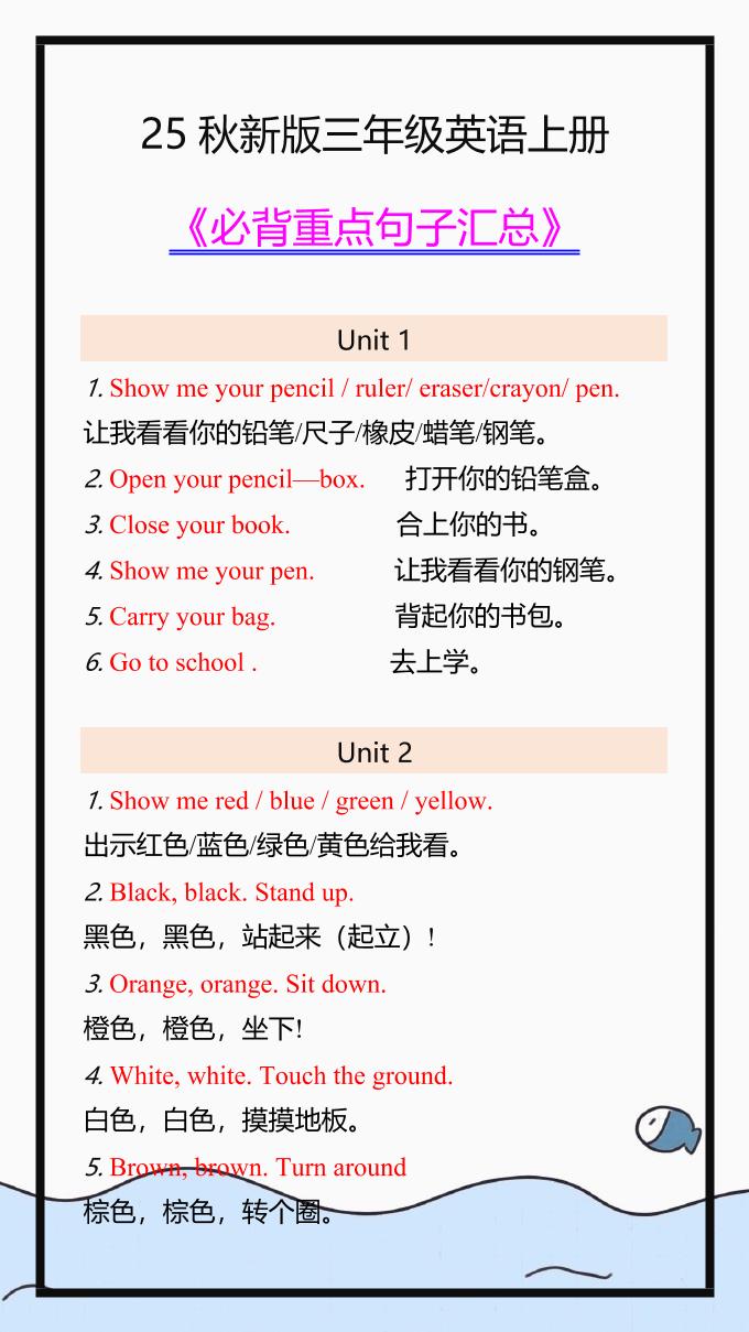【2025秋新版】三年级英语上册必背重点句子汇总！-小初高学习资料下载_真题试卷 - 开学吧资料库