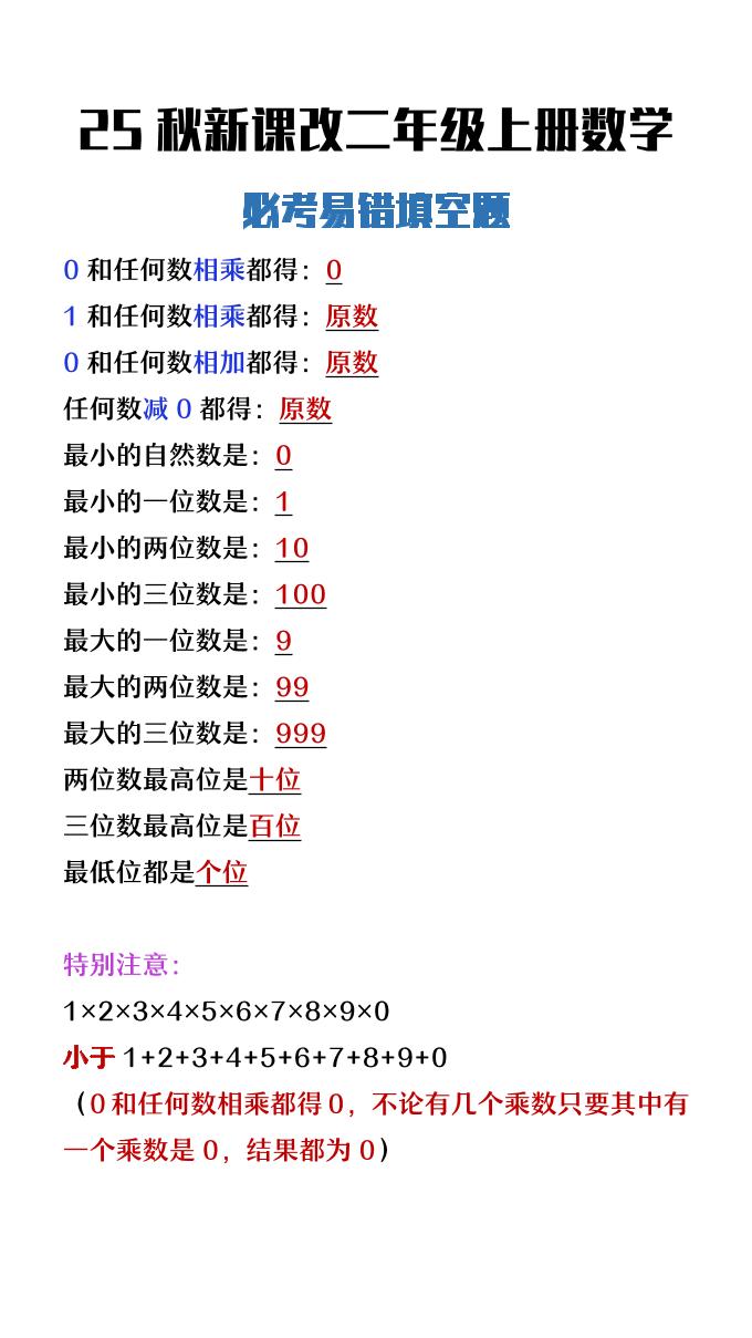【2025秋新版】二年级上册数学必考易错填空题-小初高学习资料下载_真题试卷 - 开学吧资料库