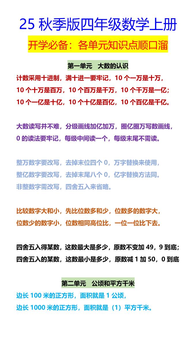 【2025秋新版】四年级数学上册开学必备：各单元知识点顺口溜-小初高学习资料下载_真题试卷 - 开学吧资料库