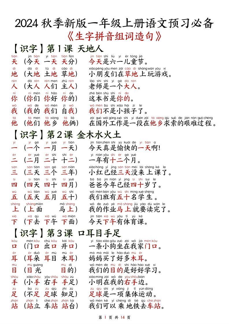 一年级上册语文单元知识要点之生字拼音组词造句-免费学习资料下载 - 开学吧