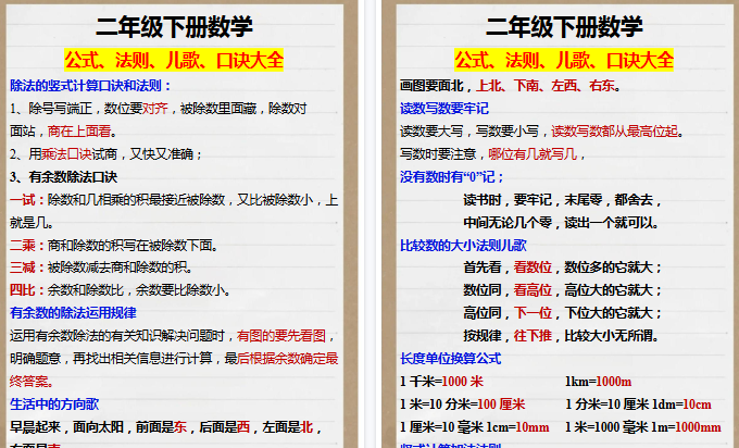 【4页高清完整版】二（下）数学公式、法则、儿歌、口诀大全-小初高学习资料下载_真题试卷 - 开学吧资料库