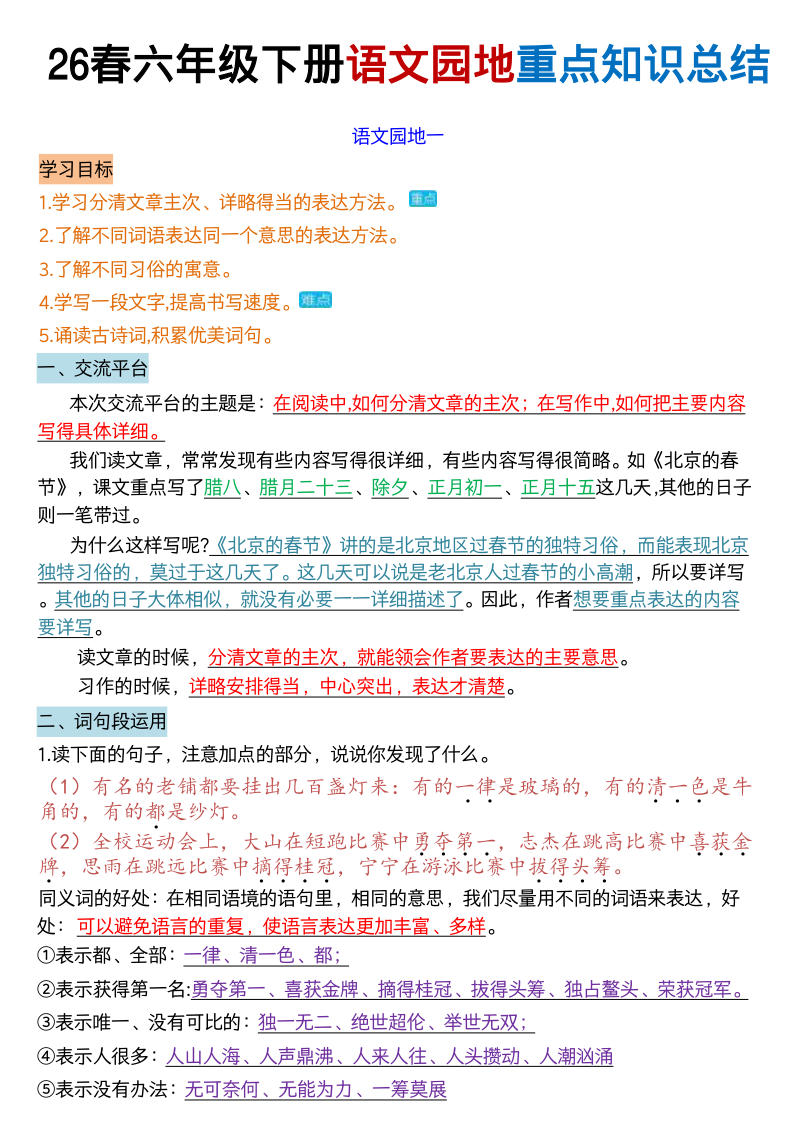 26春六年级（下）语文园地重点知识总结-教学网