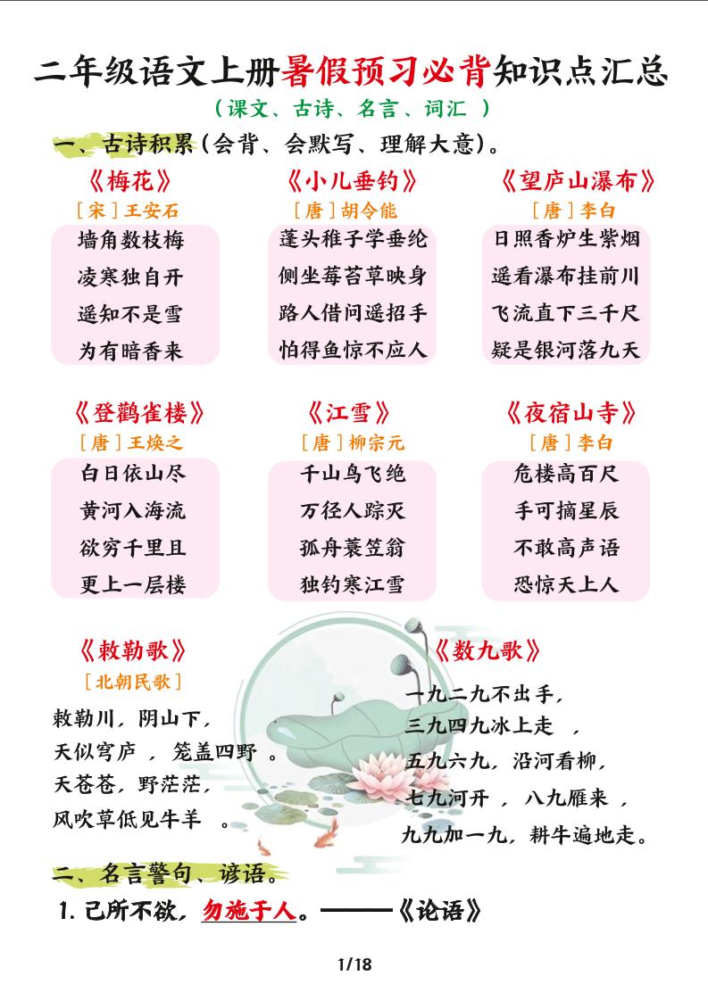 二年级语文上册暑假预习必背知识点汇总-小初高学习资料下载_真题试卷 - 开学吧资料库