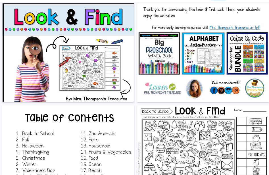 【47页高清彩色版】LookFindHiddenPicturePuzzles.pdf【完整可直接打印】英文专注力练习纸-开学吧
