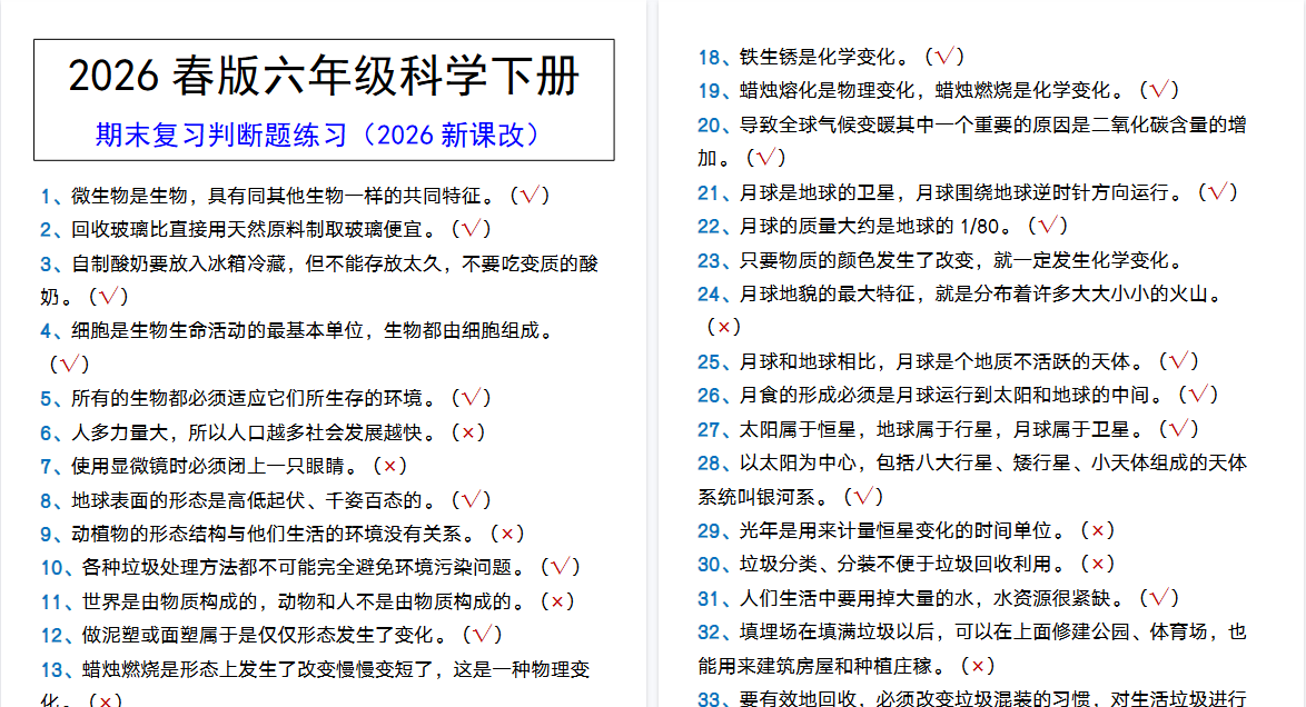 2026春新版六年级科学下册 期末复习判断题练习-小初高学习资料下载_真题试卷 - 开学吧资料库