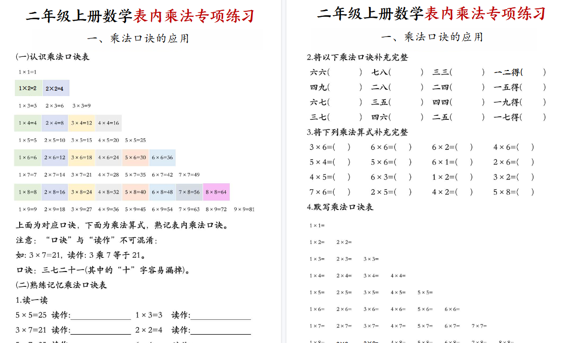 【8页高清完整版】二年级(上)数学表内乘法专项练习-小初高学习资料下载_真题试卷 - 开学吧资料库