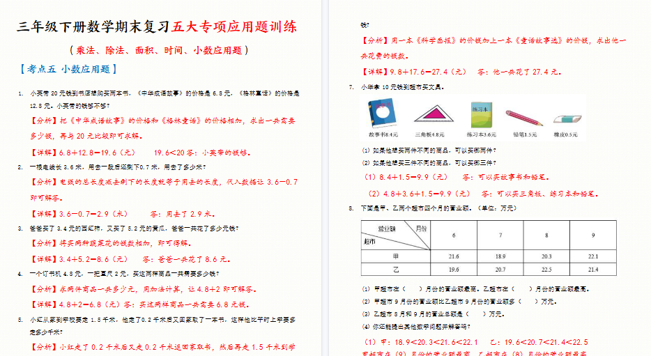 【66页高清完整版】三下数学期末复习五大专项应用题训练(含答案解析)-小初高学习资料下载_真题试卷 - 开学吧资料库