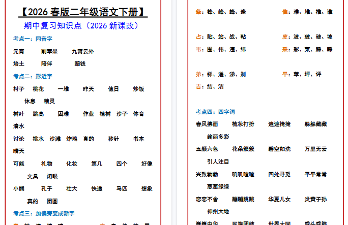 2026春新版【二年级语文下册】 期中复习知识点-小初高学习资料下载_真题试卷 - 开学吧资料库