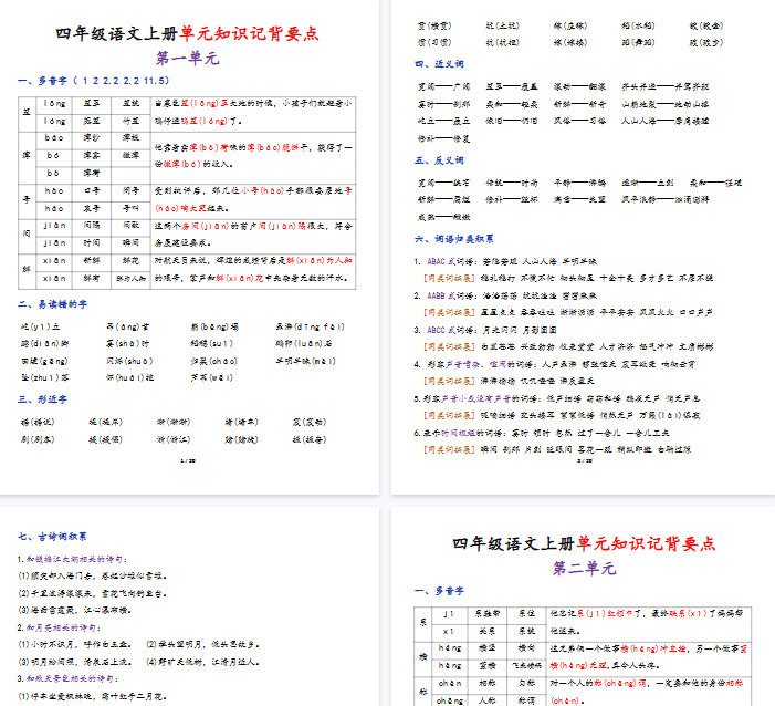 【29页完整版】四（上）语文单元知识记背要点.pdf-开学吧