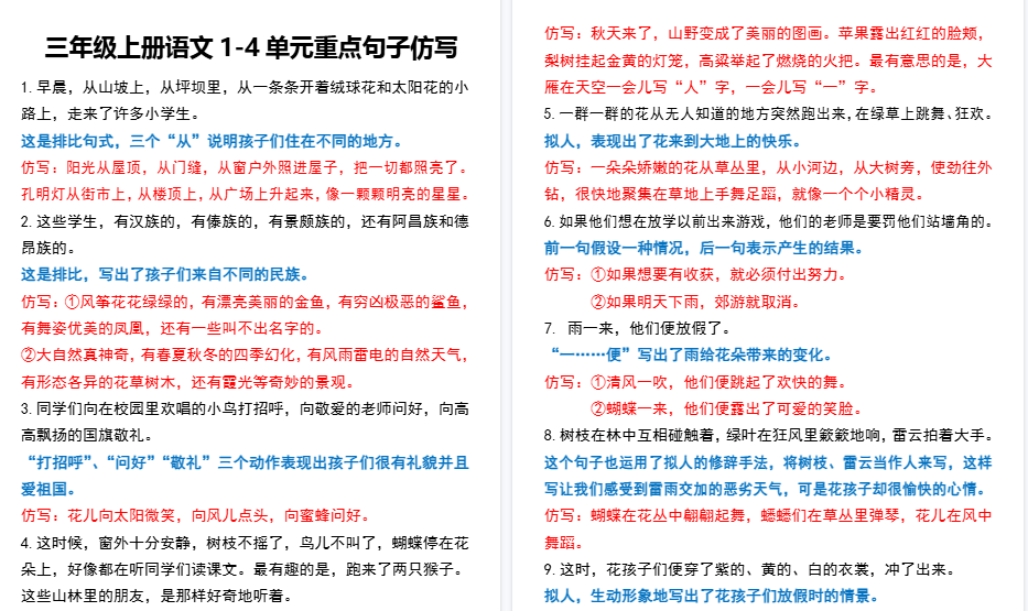 【20页高清完整版】三年级上册语文1-4单元重点句子仿写-小初高学习资料下载_真题试卷 - 开学吧资料库
