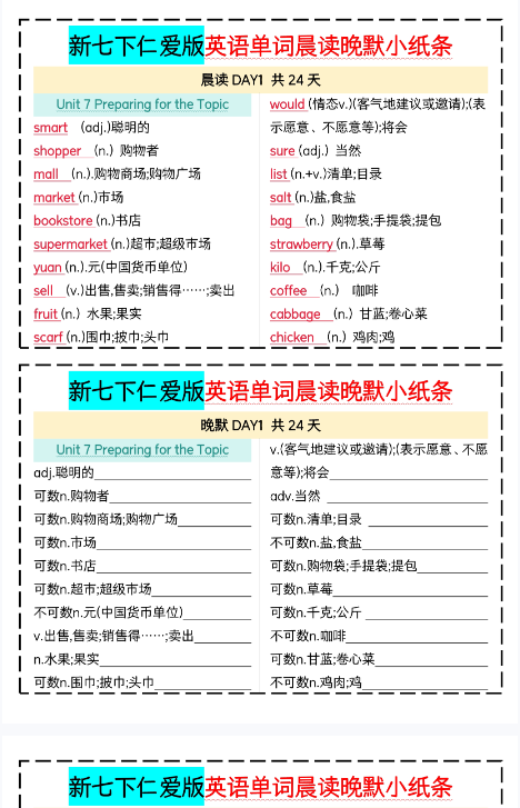 【仁爱版初中七下英语精品小纸条】【高清无水印版本】-开学吧