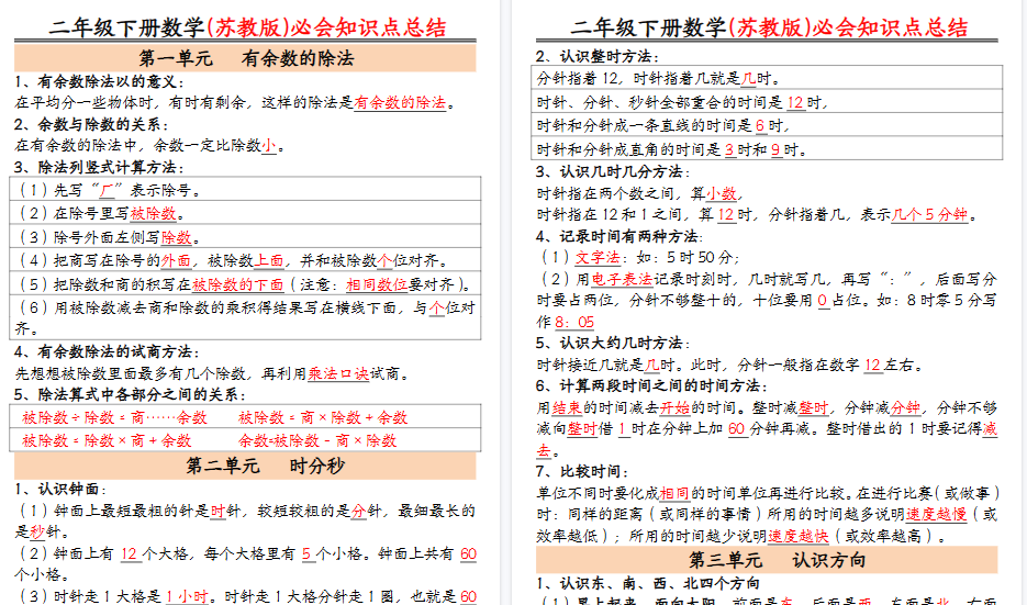 【2026春7页完整版】【苏教数学知识点汇总整理】二下数学-小初高学习资料下载_真题试卷 - 开学吧资料库