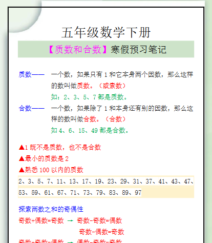 【2026寒假】五年级数学下册【质数和合数】寒假预习笔记-小初高学习资料下载_真题试卷 - 开学吧资料库