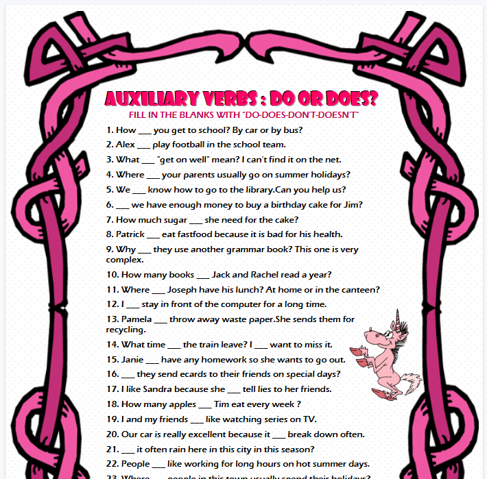 【2页高清彩色版】auxiliary verbs do-does-don't-doesn't【完整可直接打印】语法作业纸63套-开学吧