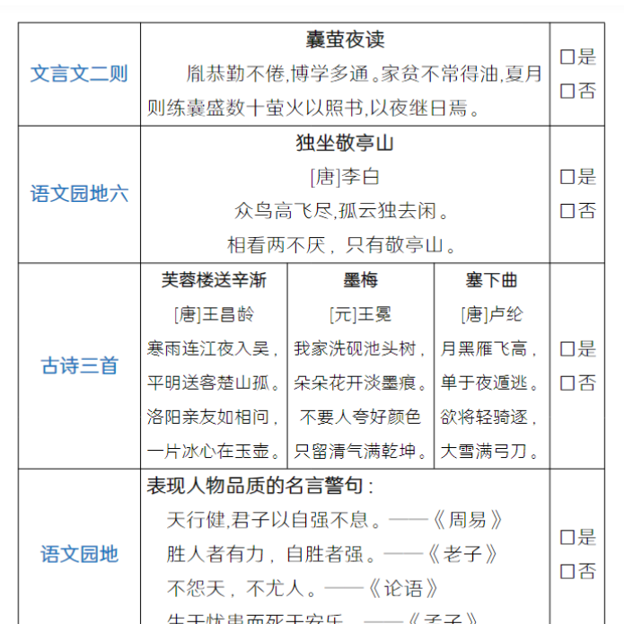人教版四年级下册课文背诵闯关表-开学吧