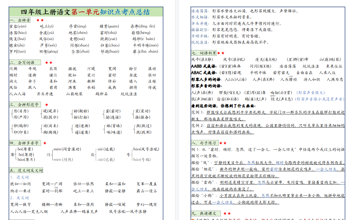 四上语文1-8单元知识点考点总结+同步期末默写单(51页)-小初高学习资料下载_真题试卷 - 开学吧资料库