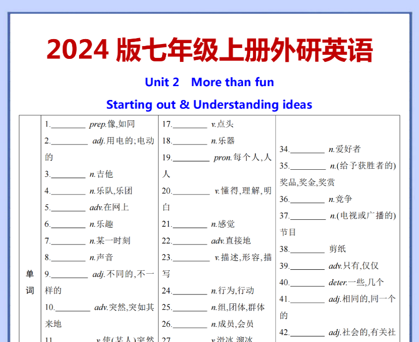 【七上外研英语】2024版 U2词句背默-开学吧