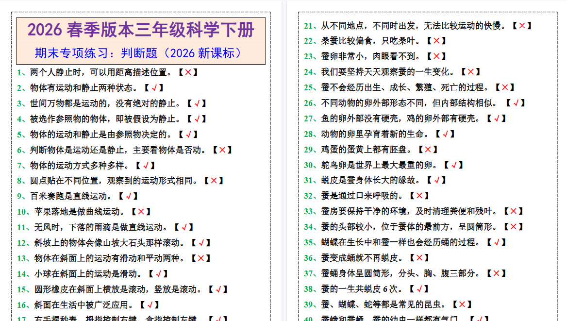 2026春新版三年级下册科学期末专项练习判断题-小初高学习资料下载_真题试卷 - 开学吧资料库