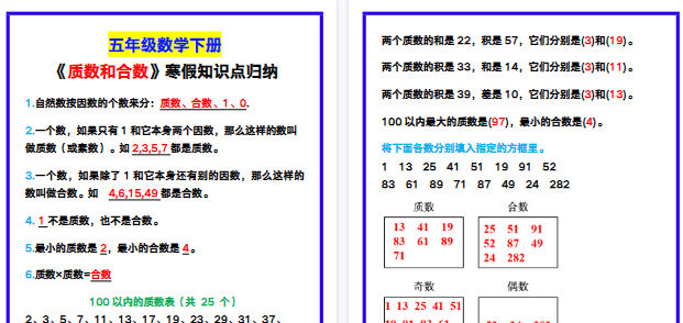 【2026寒假3页】五年级数学下册《质数和合数》寒假知识点归纳！-小初高学习资料下载_真题试卷 - 开学吧资料库