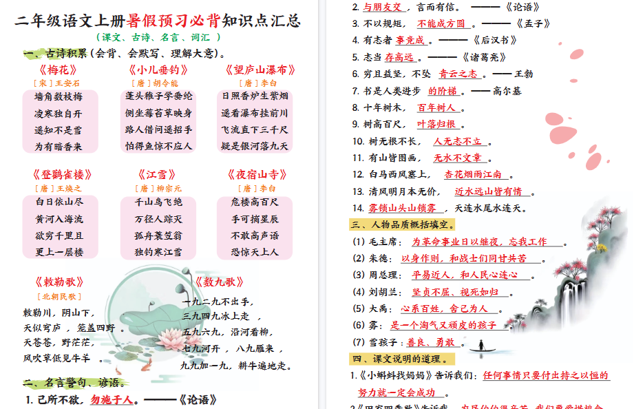 【18页高清完整版】二年级语文上册暑假预习必背知识点汇总-小初高学习资料下载_真题试卷 - 开学吧资料库