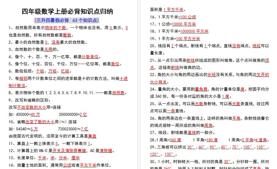 【4页高清完整版】三升四数学上册必背知识点归纳-小初高学习资料下载_真题试卷 - 开学吧资料库