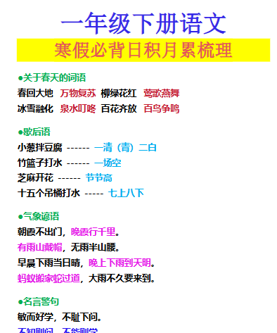 【2026寒假】一年级下册语文寒假必背日积月累梳理-小初高学习资料下载_真题试卷 - 开学吧资料库