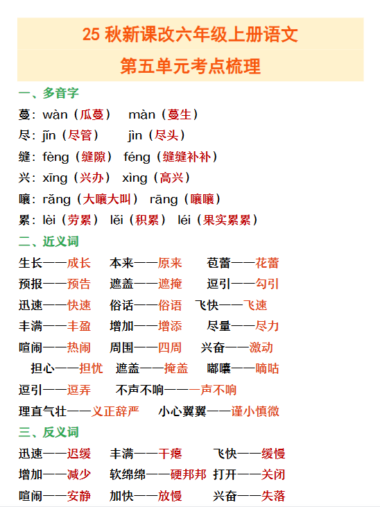 【2025秋新版】六年级上册语文第五单元重点考点梳理-开学吧
