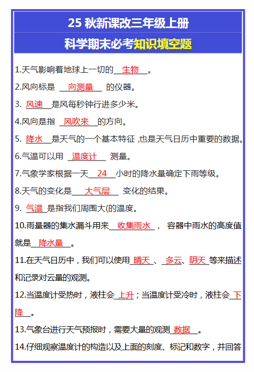 【2025秋新版】三年级上册科学期末必考知识填空题-开学吧