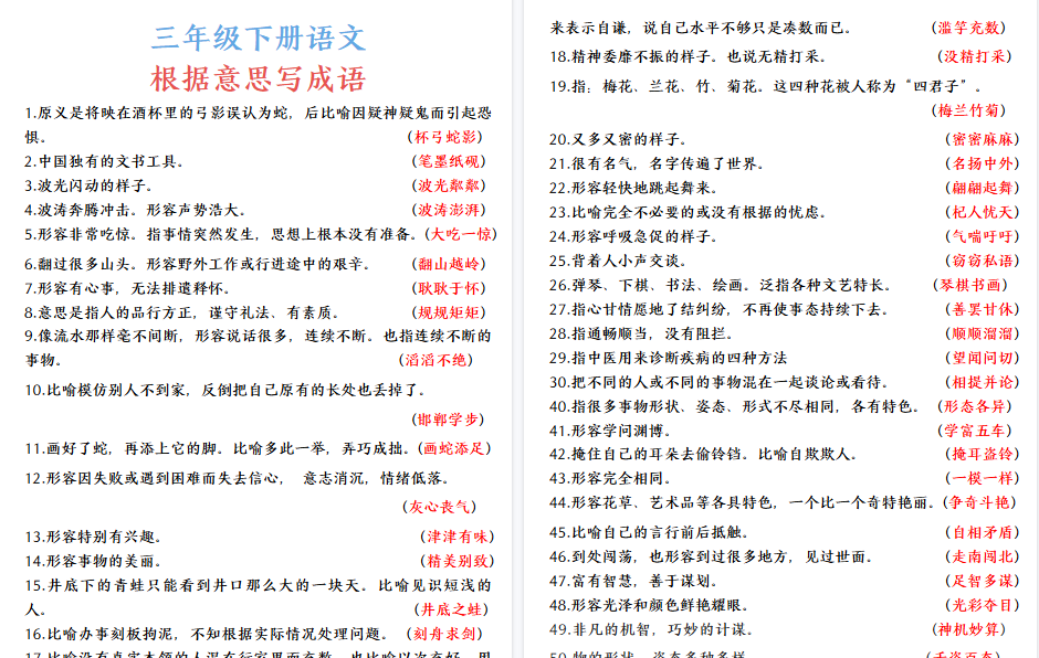 【7页高清完整版】三年级下册语文根据意思写成语-小初高学习资料下载_真题试卷 - 开学吧资料库