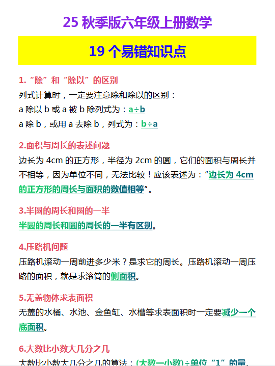 【2025秋新版】六年级上册数学 19个易错知识点-开学吧