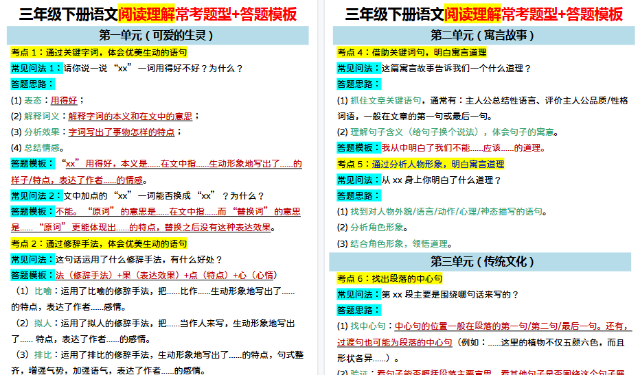 【2026春6页完整版】三年级下册语文阅读理解答题模板-小初高学习资料下载_真题试卷 - 开学吧资料库
