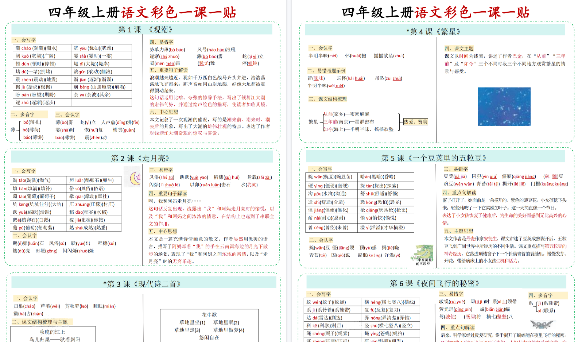 【4页高清完整版】四年级（上）语文彩色一课一贴-小初高学习资料下载_真题试卷 - 开学吧资料库